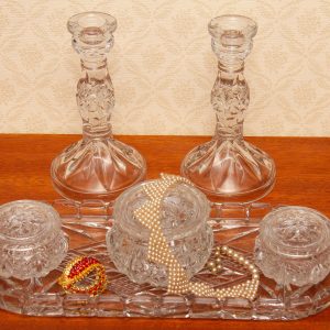 1930's Sowerby Clear Glass Dressing Table Set - Tray, Candlesticks 3 Trinket Pots
