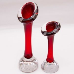 2 1960's Aseda Glasbruk Red & Clear Controlled Bubble Vases