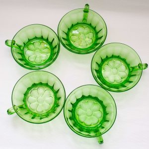 5 Art Deco Green Uranium Glass Dessert Dishes With Handles